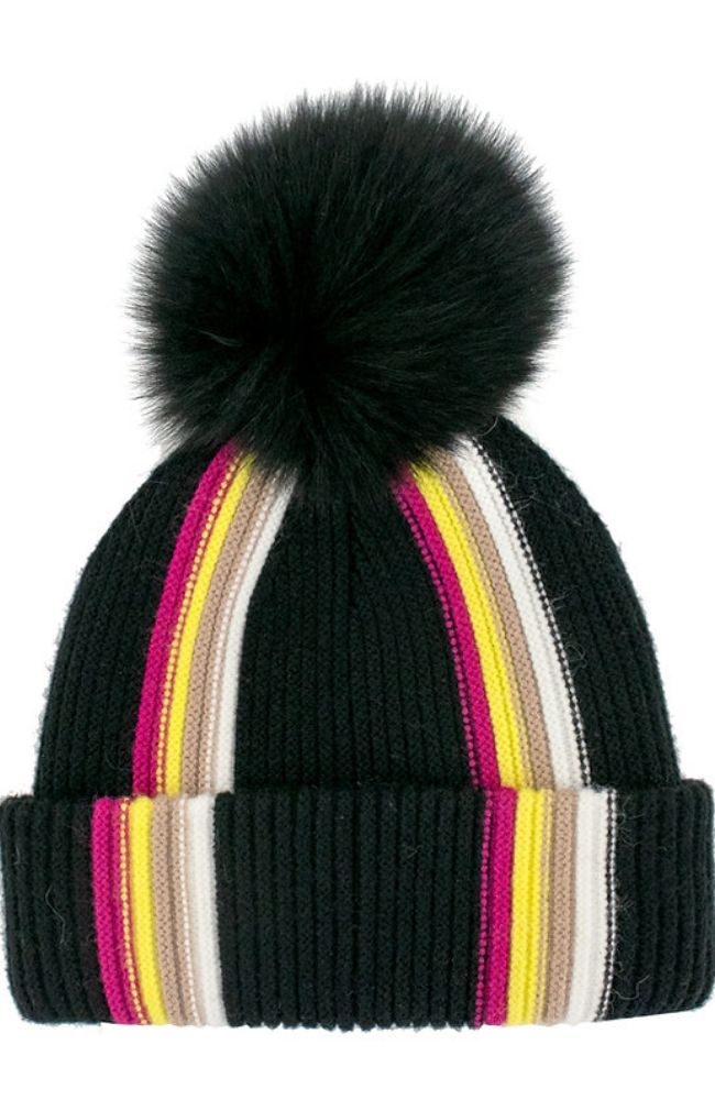 Black Multi Stripe Hat Fox Pom