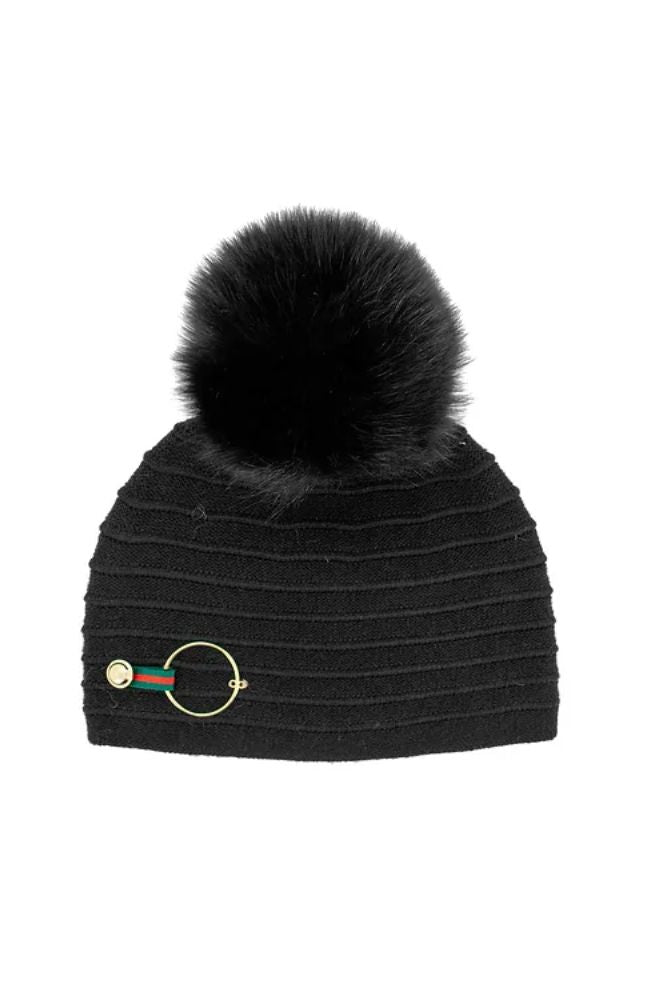 Knit Beanie with Ring Tab and Fox Pom
