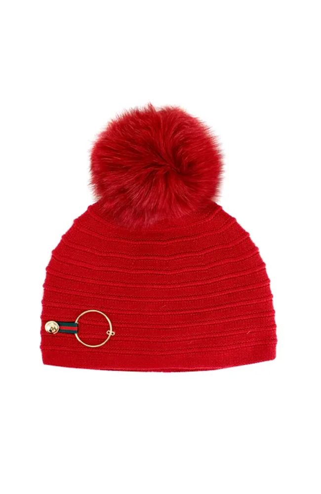 Knit Beanie with Ring Tab and Fox Pom