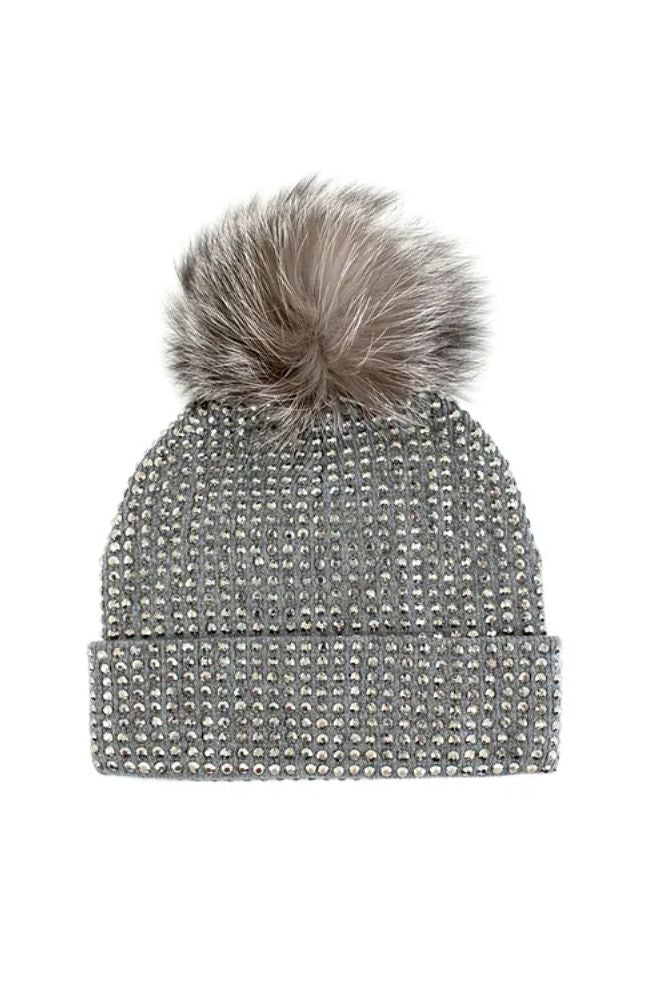 Knit Crystal Beanie Fox Pom