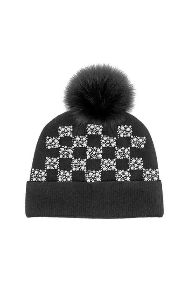 Knit Pearl and Crystal Beanie with Fox Fur Pom