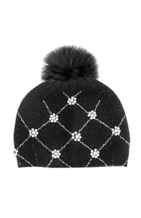 Knit Hat with Pearls Fox Pom