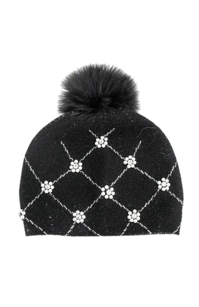 Knit Hat with Pearls Fox Pom