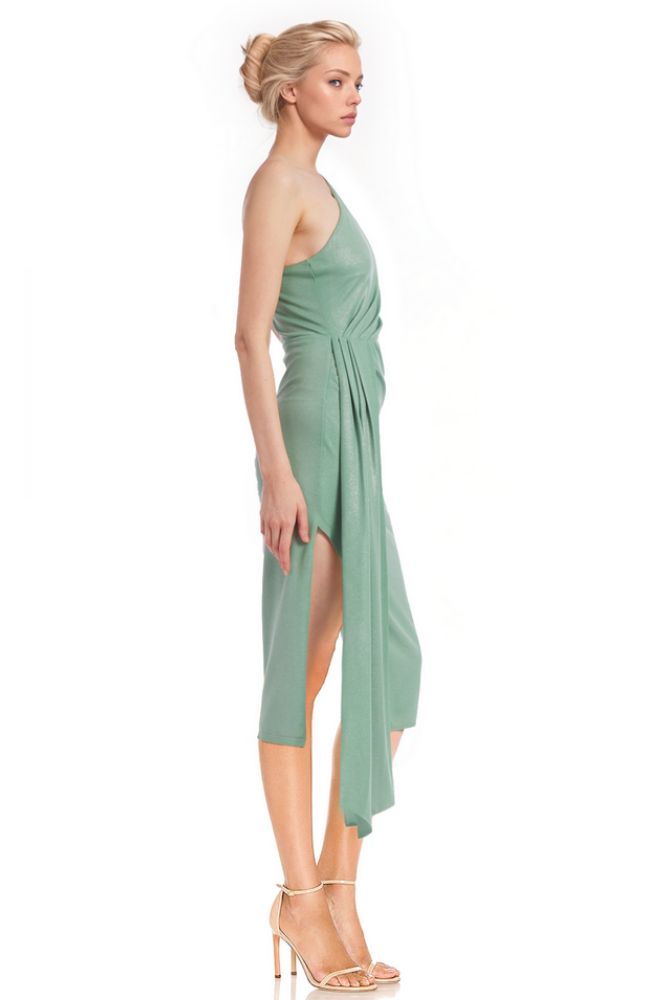 Metallic One Shoulder Side Slit Dress