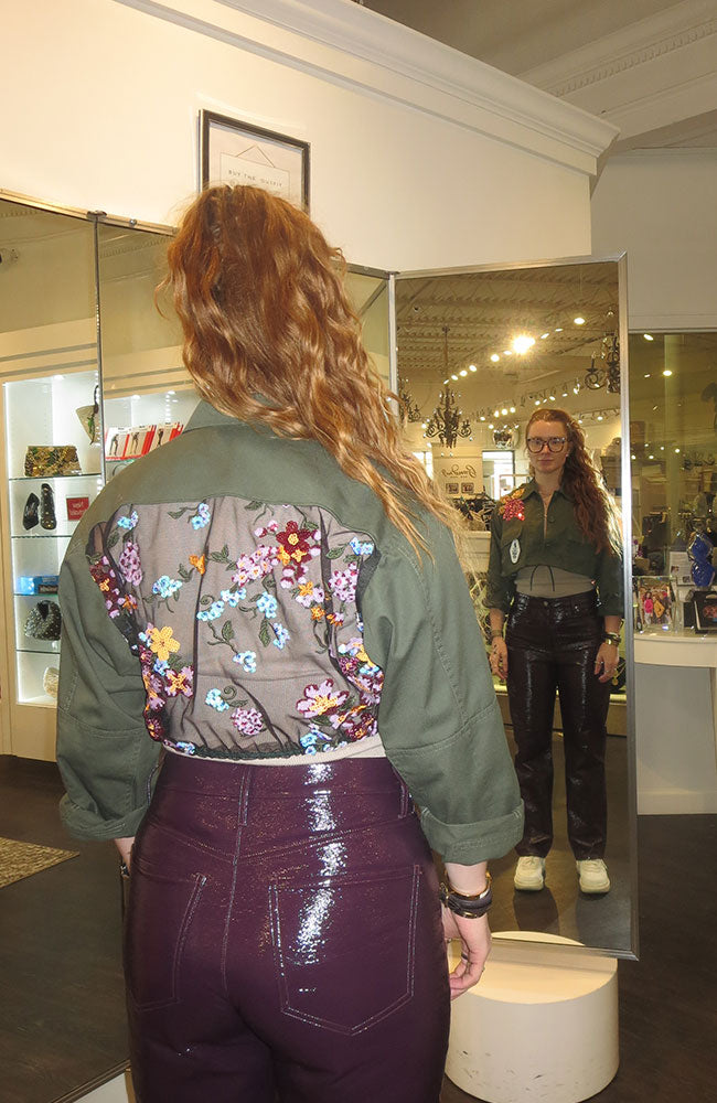 Seq Floral Drawstring Solid Green Jacket Crop