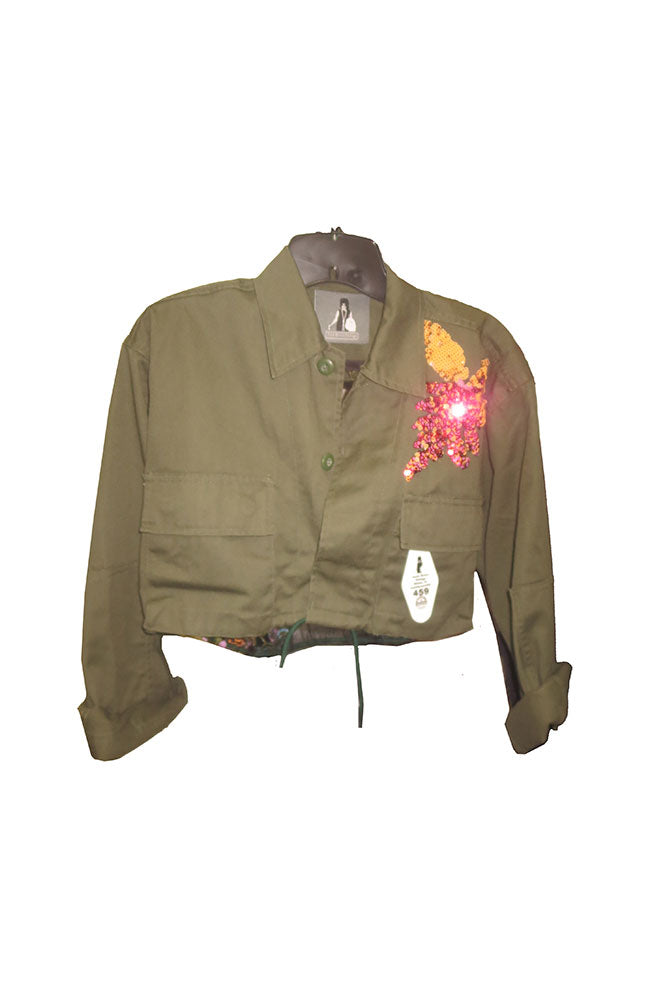 Seq Floral Drawstring Solid Green Jacket Crop