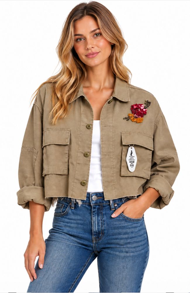 Crop Khaki Beaded Floral Jacket