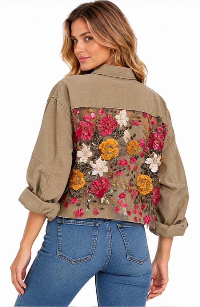 Crop Khaki Beaded Floral Jacket