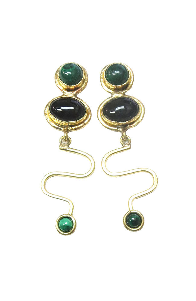 Brass Curly Q Jade Black Stones Earrings