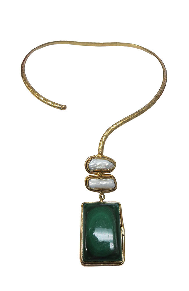 Stiff Brass Necklace Wht Grn Stone