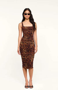 Anya Shirred Midi Dress in Leopard