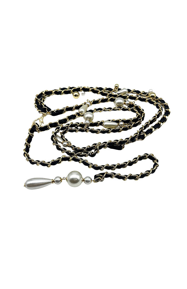 Black Leather Gold Chain Belt with Pearls