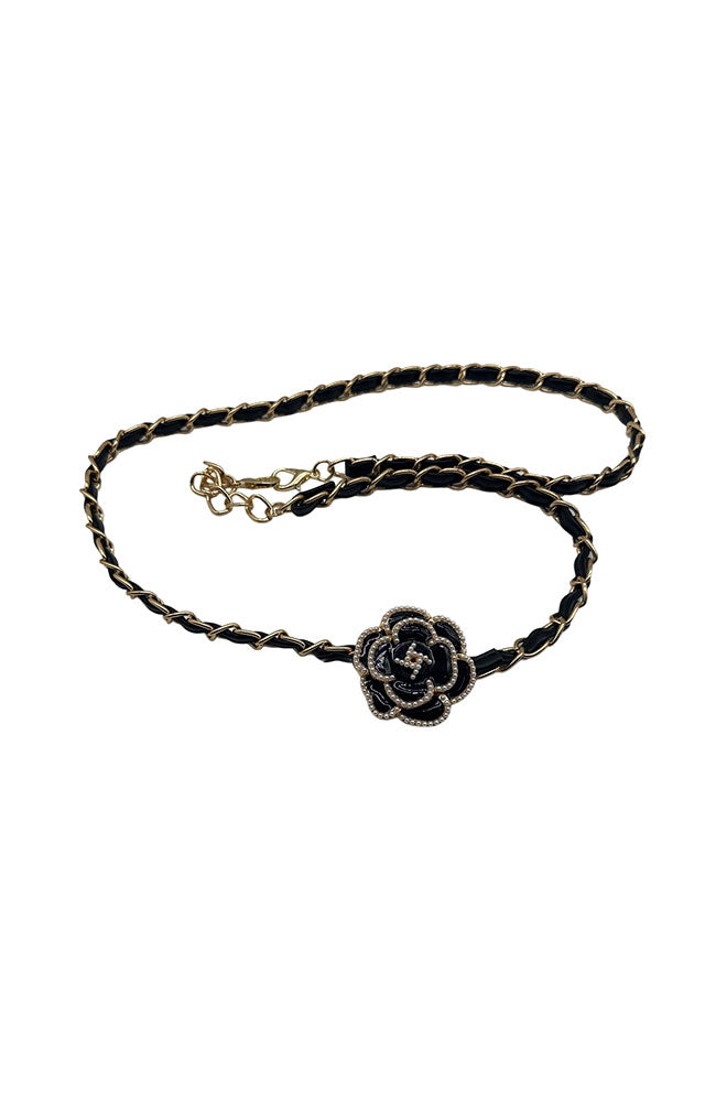 Black Leather Gold Chain Belt with Flower
