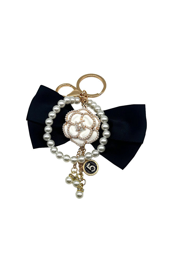 Purse Charm Black Bow Small White Flower