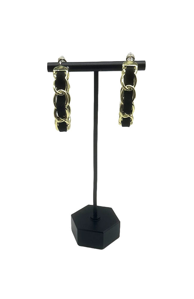 Black Ribbon Gold Chain Hoops