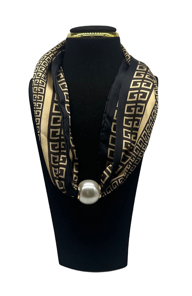 Magneic Pearl Scarf Necklace Black Gold Print
