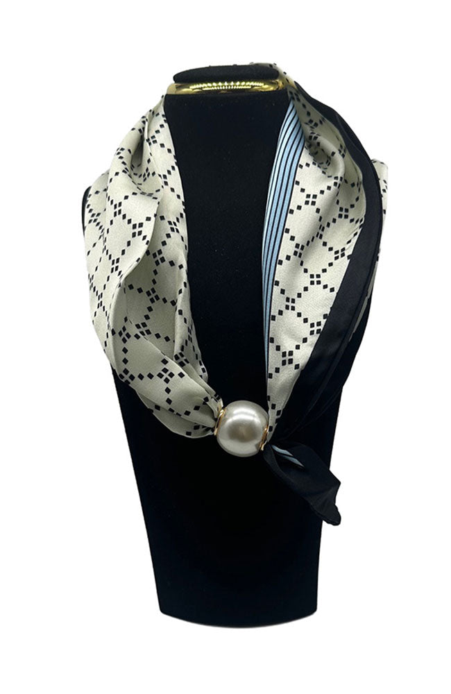 Magnetic Pearl Scarf Necklace Black Cream and Blue