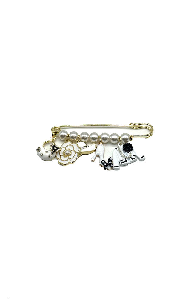 Large Gold Safety Pin White Charms