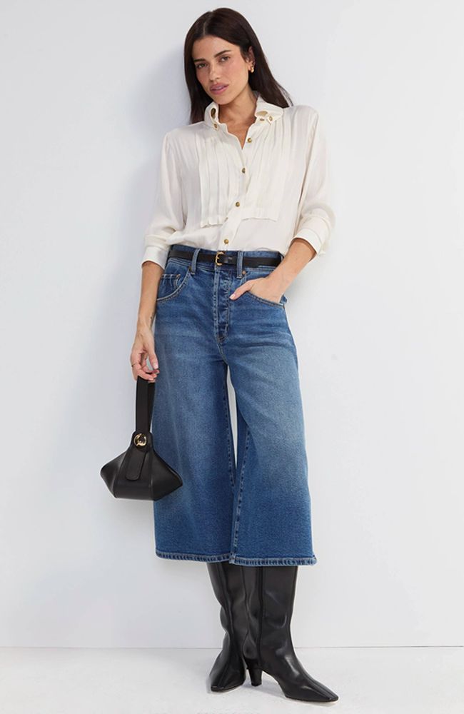 Long Sleeve Tuxedo Woven Top with High Collar