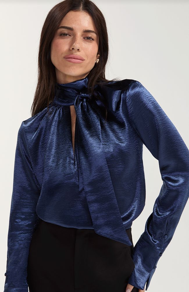 Long Sleeve Woven Blouse with Back Tie