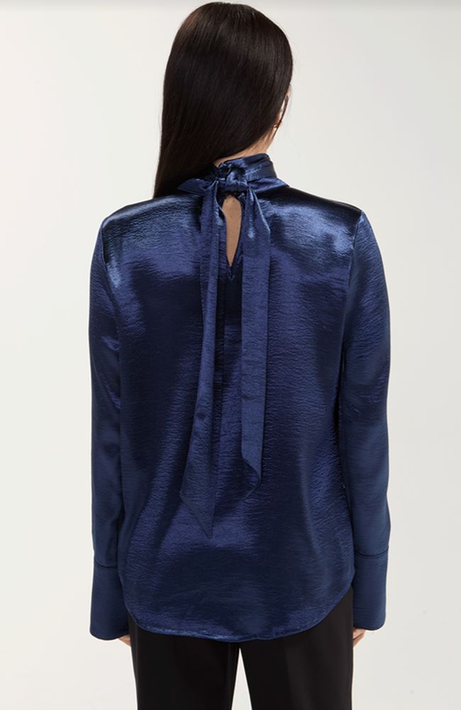 Long Sleeve Woven Blouse with Back Tie