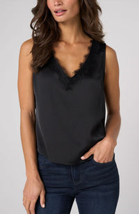 V-Neck Woven Tank with Lace Trim