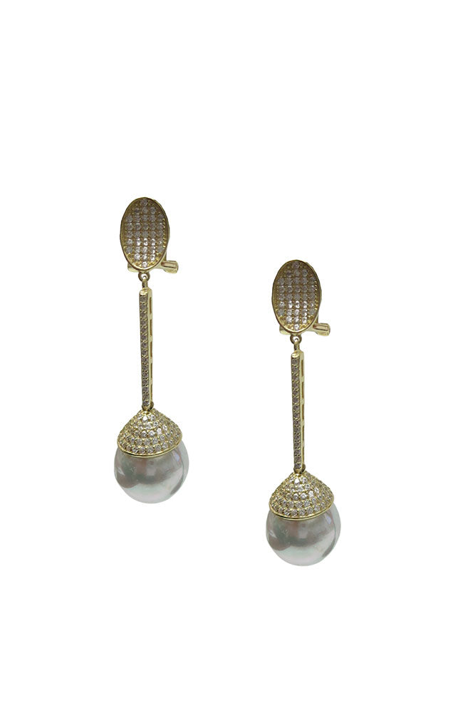 Gold Pave Stick Drop Pearl Earrings