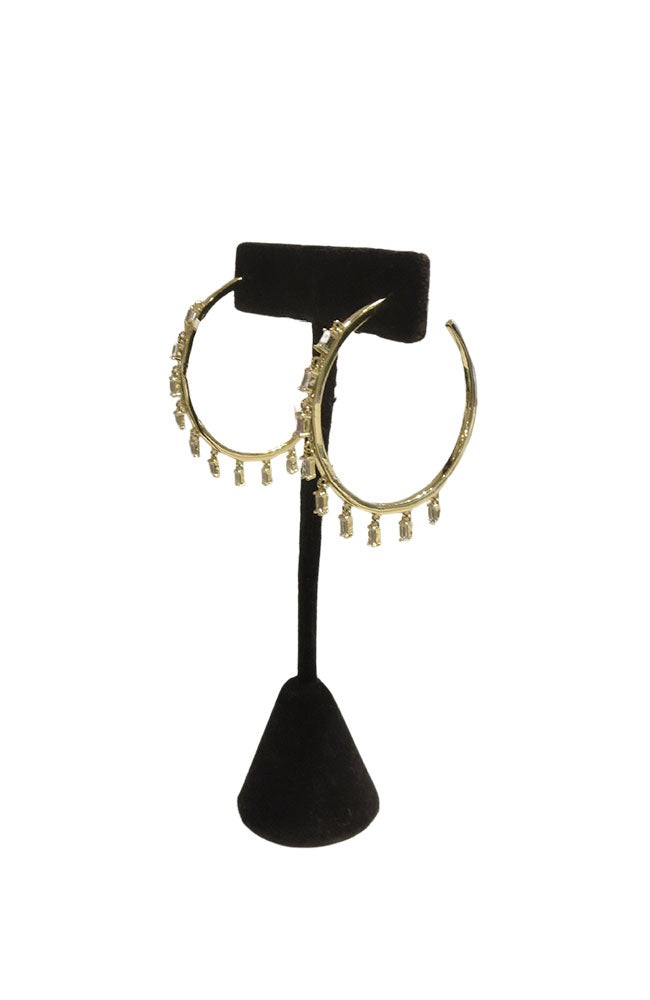 Gold Hoops with Dangling Baguette Stones