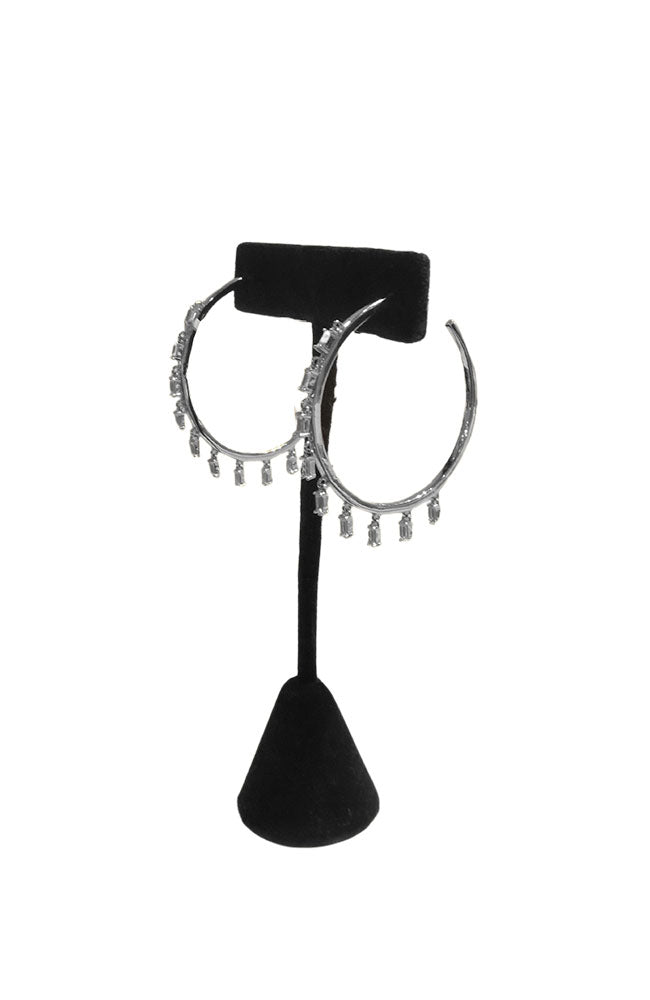 Silver Hoops with Dangling Baguette Stones