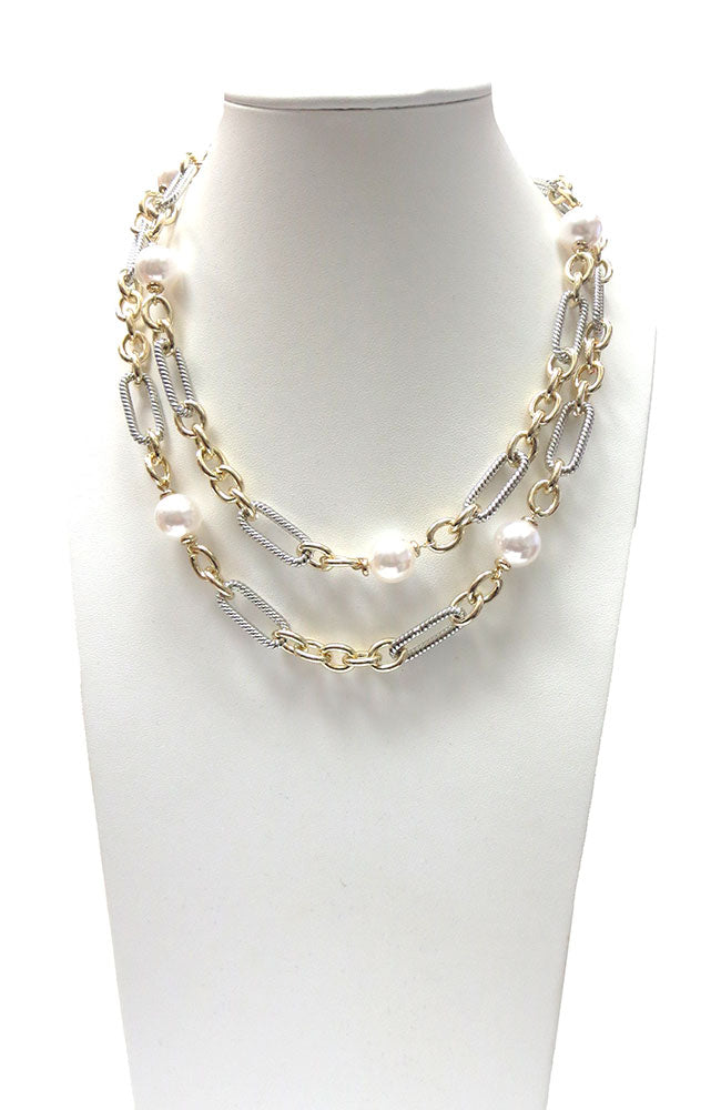 Long Toggle Chain Mixed Metal with Pearls