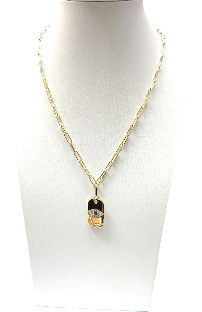 Gold Rectangle Chain Links with Rectangle Evil Eye Pendant Necklace