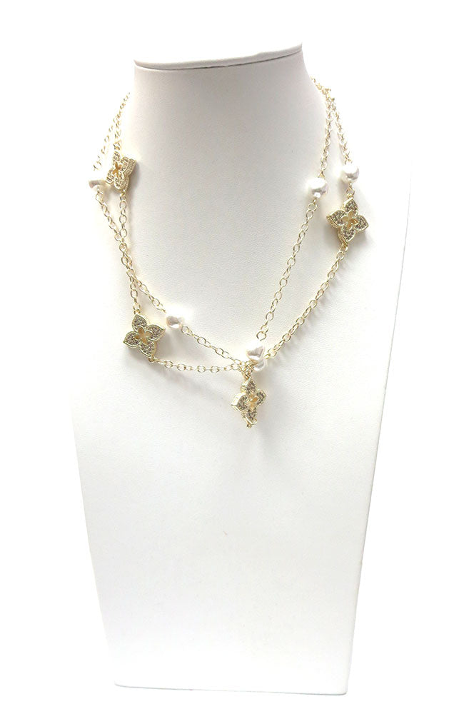 Long Gold Chain with Alternating Gold Clovers and Pearls Necklace