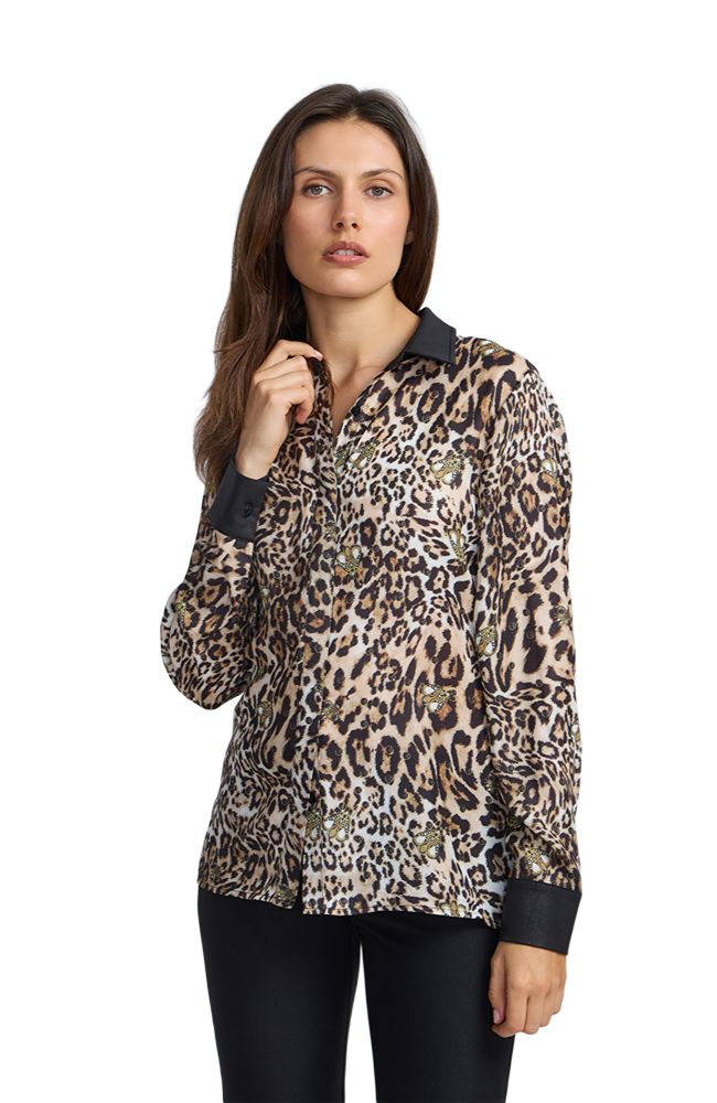 Pleather Leopard Button Down Blouse