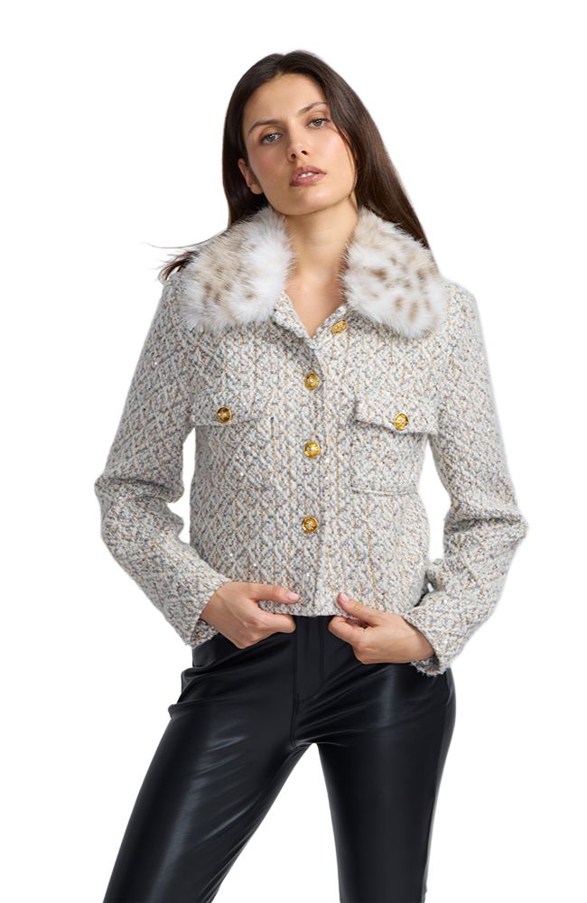 Faux Fur Collar Tweed Short Jacket