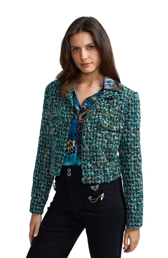 Tweed Short Jacket with Dragonfly Brooch
