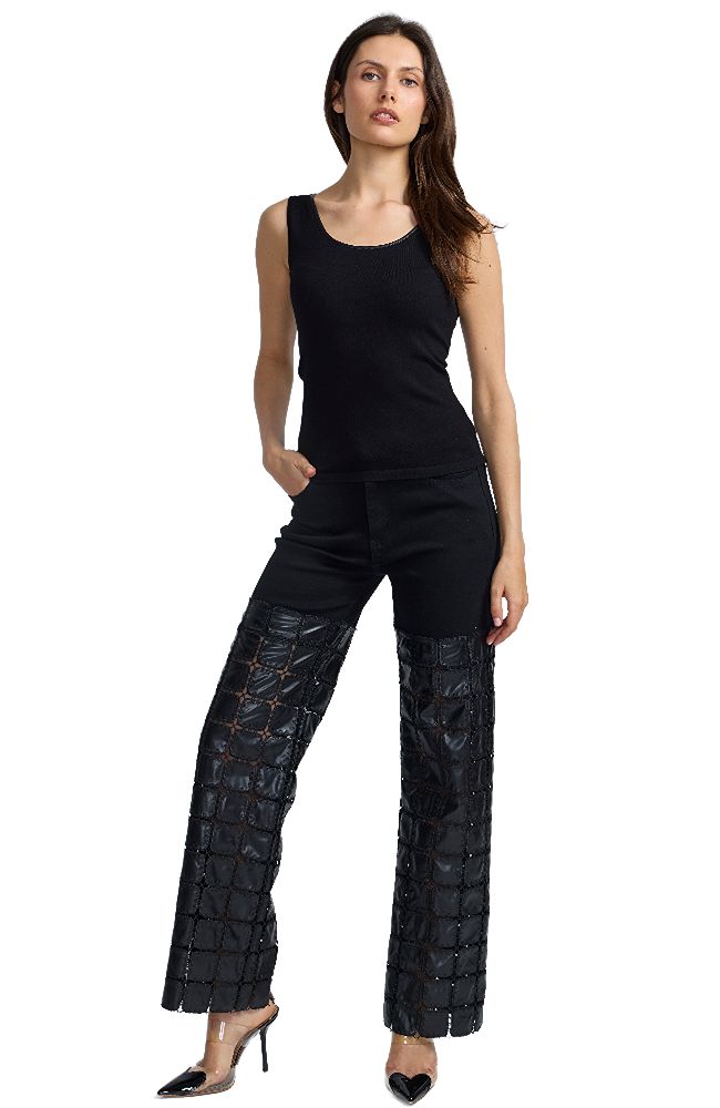 Pleather Trim Scoop Neck Tank