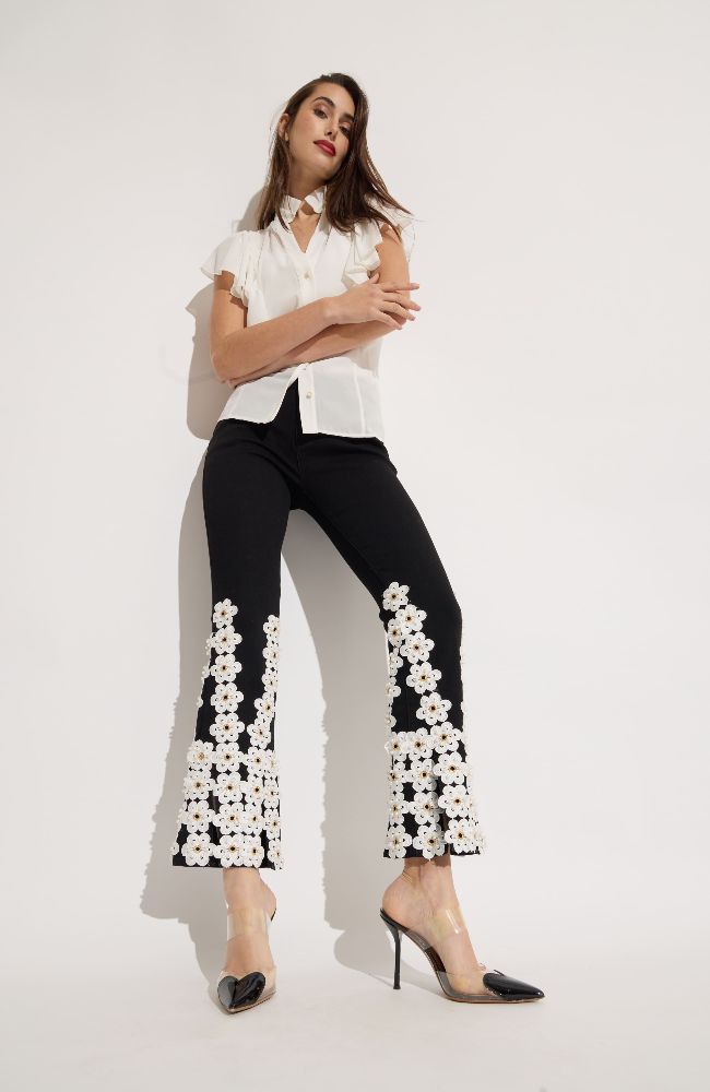 Flower Embroidered Crop Denim