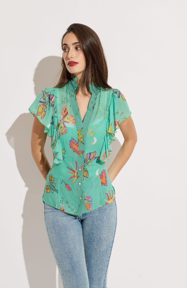 Sun/Butterfly Print Short Sleeve Blouse with Matching Mesh Tank