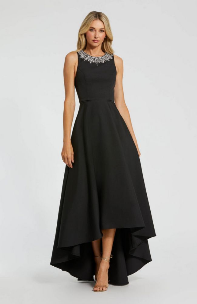 Crepe Emb Neck High Low Gown