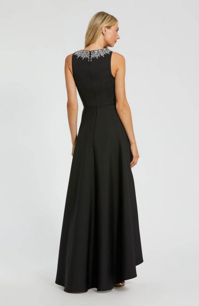 Crepe Emb Neck High Low Gown