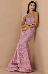 Feathered One Shoulder Gown
