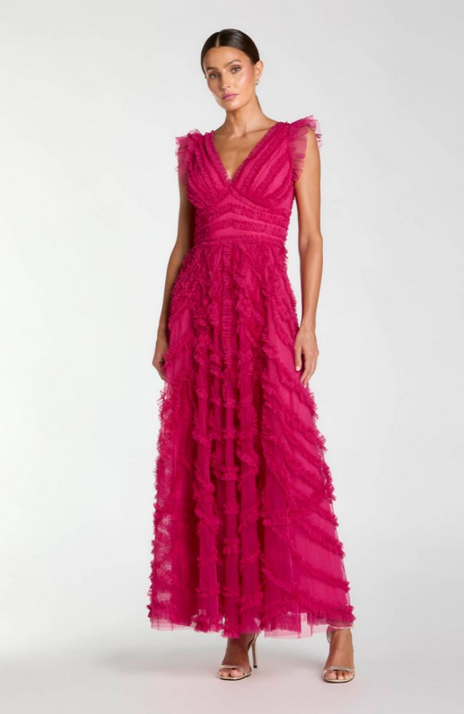 Mesh Ruffle A Line Ankle Dress