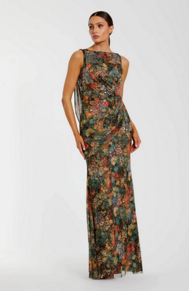 Printed Mesh Cowl Back Gown