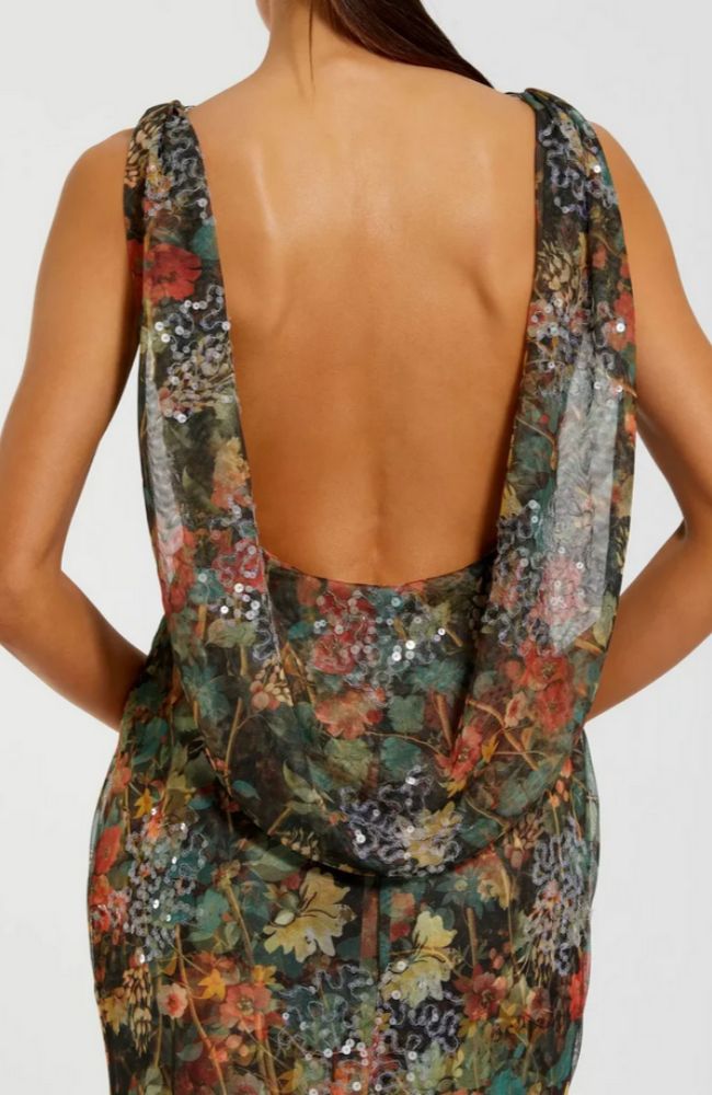 Printed Mesh Cowl Back Gown