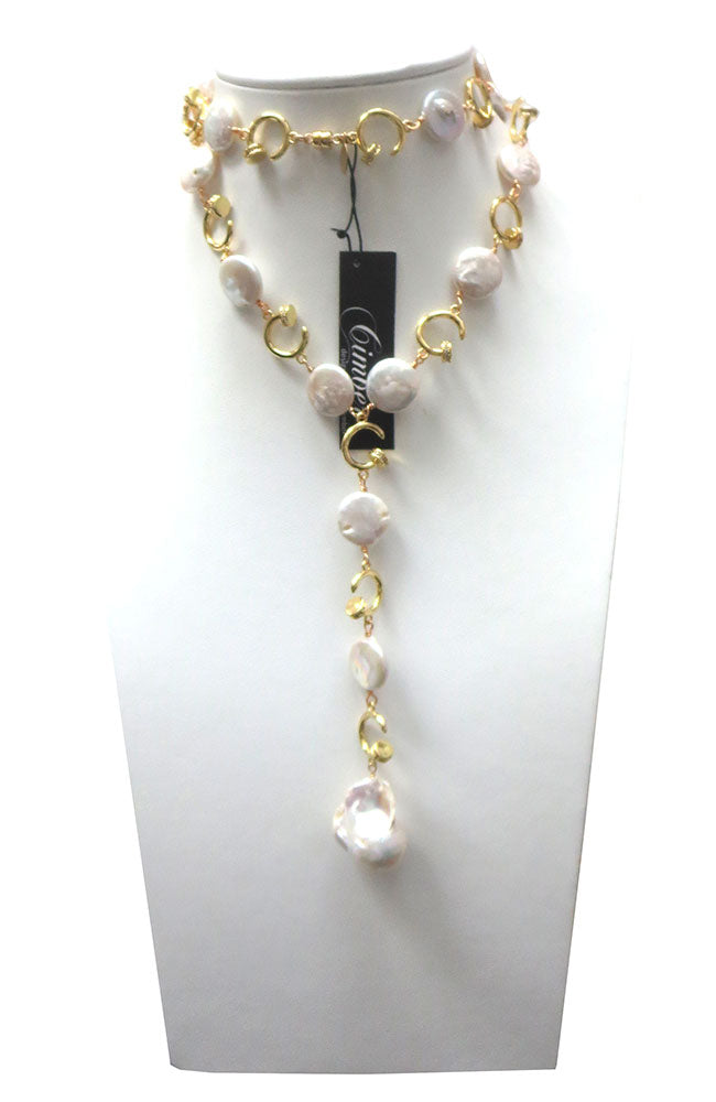 Pearl with CZ Nail Lariat Necklace