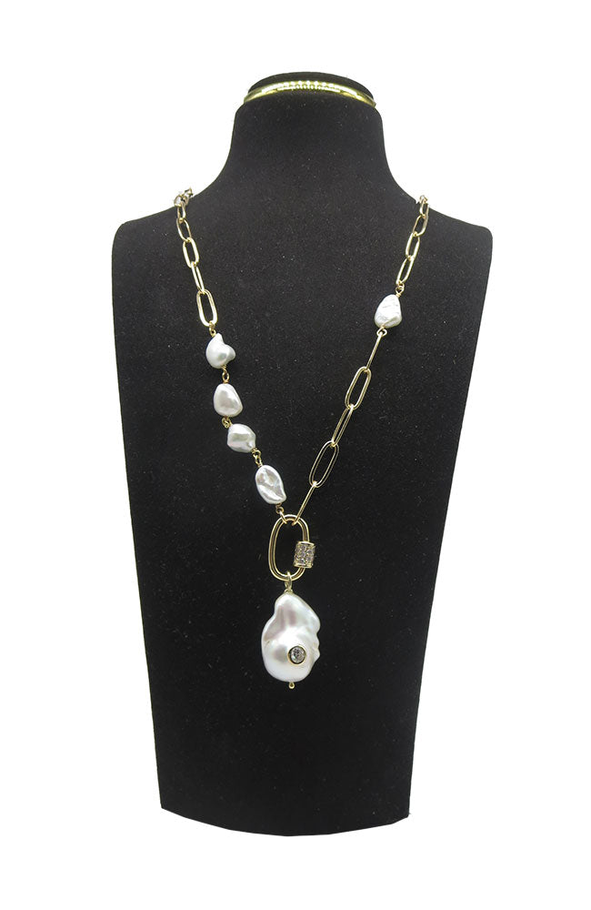 CZ Gold Pearl Barrel Lock Necklace