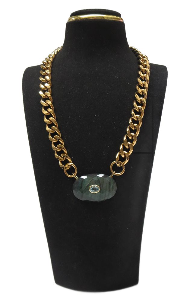 Lab Bezel Steel Gold Necklace