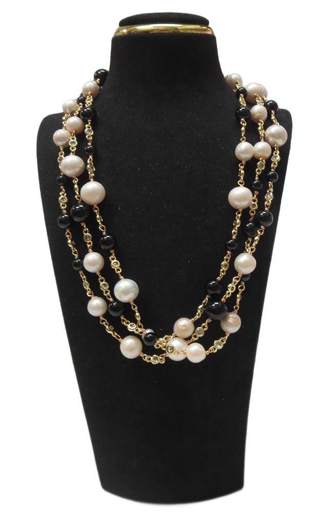 Pearl Onyx Long Layer Necklace