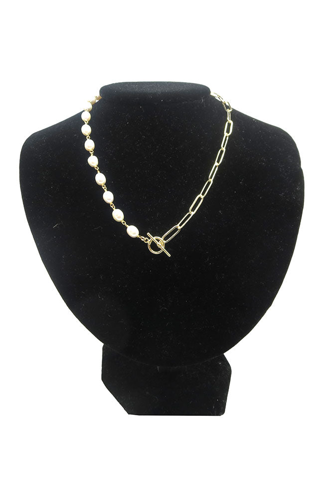 Half Link Half Pearl Toggle Necklace