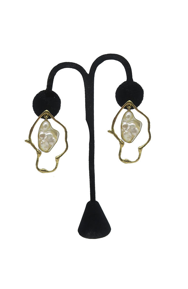 Abstract Gold Pearl Earrings